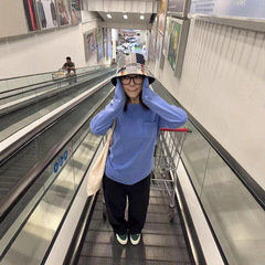 蓝色口袋设计感长袖打底衫t恤女早秋季休闲宽松圆领韩系穿搭上衣