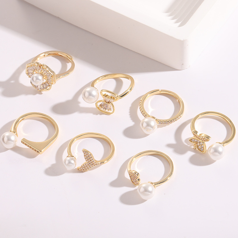 Fashion Flower Butterfly Bow Knot Copper Plating Inlay Pearl Zircon Open Ring 1 Piece