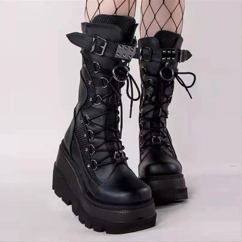 Large size Knight boots Women's foreign trade cross-border new European and American Gothic style wedge heel thick bottom punk style boots women's boots Large size Knight boots Women's foreign trade cross-border new European and American Gothic style wedge heel thick bottom punk style boots women's boots