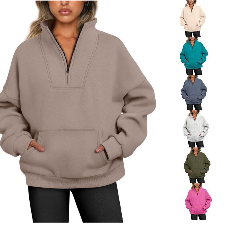 2023 European and American Amazon Women's Half Zip Pullover Sweatshirts Quarter Zip Oversized Sweatshirt Sweatshirt