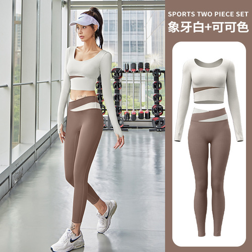 Peach color-blocked long-sleeved trousers suit, navel-baring color-blocked cross-over long-sleeved sports top, high-waisted contrasting color yoga pants