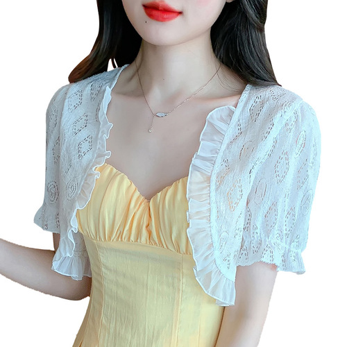 Small shawl short-sleeved coat for women summer thin French short lace cardigan top suspender skirt with blouse