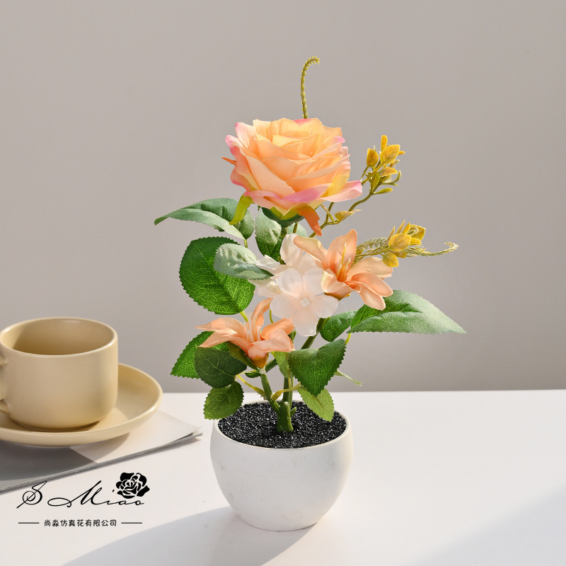 Nuevo producto transfronterizo rosa pequeño bonsai flor de simulación creativa decoración de estudio fotográfico para el hogar decoración planta verde artificial simulación planta en maceta