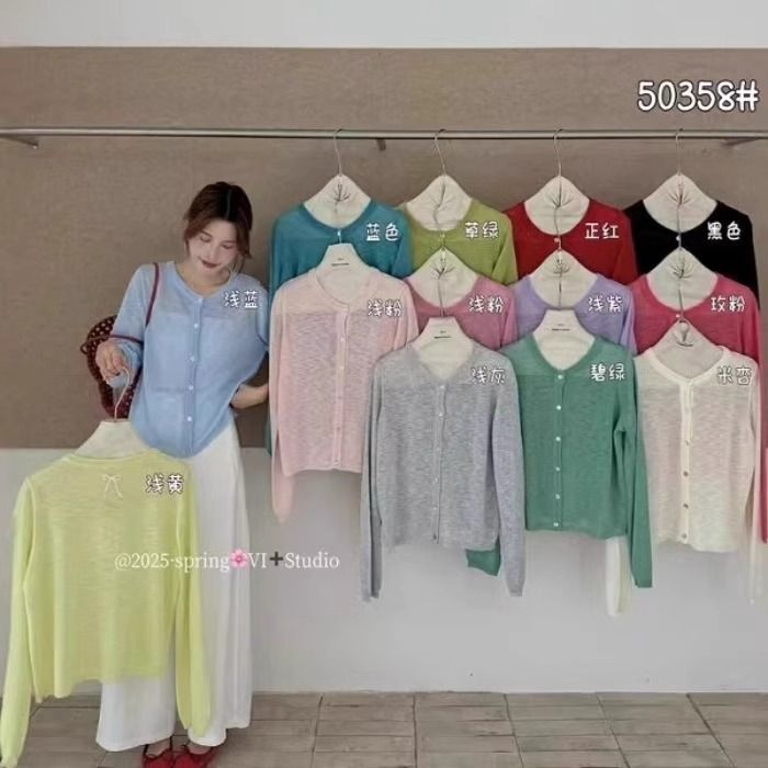 Korean Style Simple Bow Round Neck Single-Breasted Knitted Cardigan Women's Summer Work Clothing Versatile Long-Sleeved Bottoming Shirt Trendy