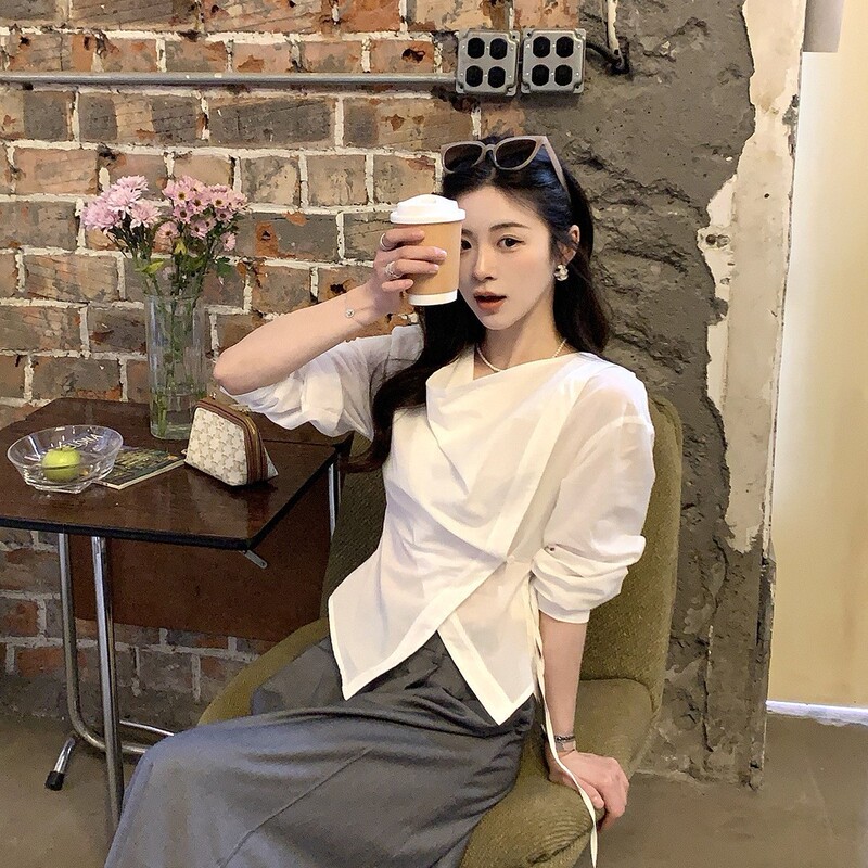烟雾公子  韩系荡领原创设计白衬衣气质不规则斜襟系带收腰上衣|undefined