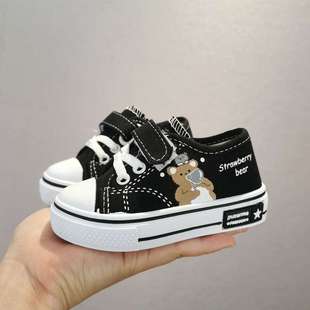 Children's Canvas Cartoon Casual Shoes with Velcro, Spring and Autumn, Unisex, Ages 1-7, Versatile White Sneakers, Low-Top