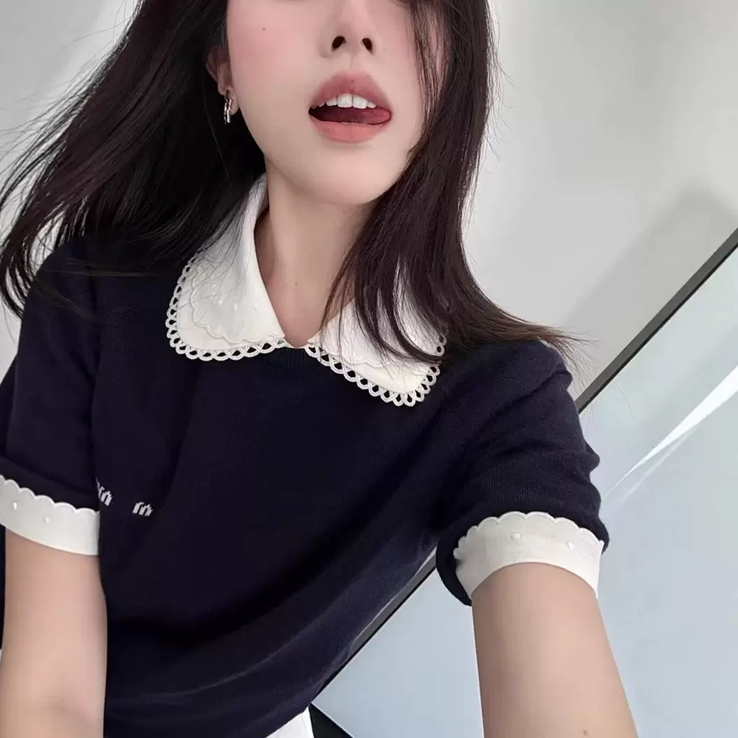 MM高品质针织羊毛叠穿短袖T恤女刺绣字母logo夏简约百搭潮牌罩衫