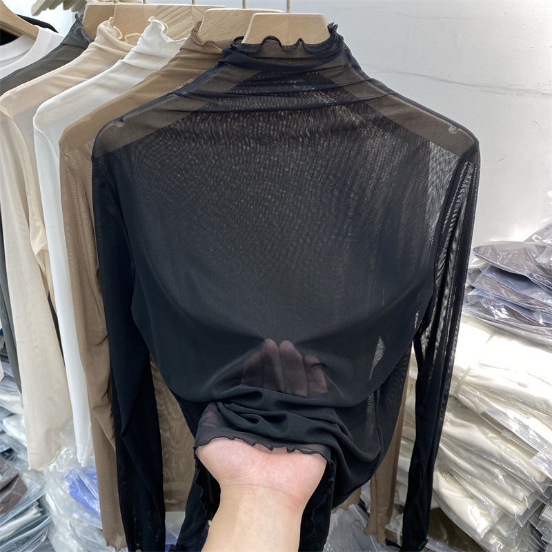 메쉬 베이스 레이어, 파일 칼라, 펑키한 시스루 긴팔 티셔츠, 여성용 봄, 가을 신색 튤 탑, 트렌디