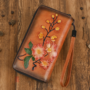 Vegetable Tanned Leather Genuine Leather Women's Wallet Double Zipper Long Wallet Embossed Hand Color Wipe Technology Anti-theft Brush High-grade Sense