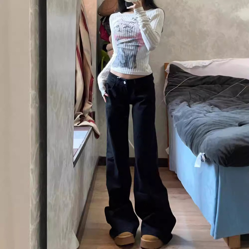 Black Tall Lightened Micro-Lar Jeans Women's Spring New Spice Girls Low Waist Loose Slimming Wide Leg Trousers