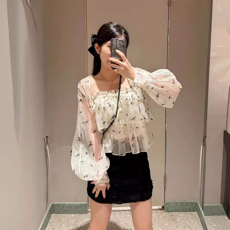 [Dai Shan] 2025 Summer Cross-Border Japanese Style Style Sweet Flocked Flower Chiffon Ruffled Suspender Shirt Suit
