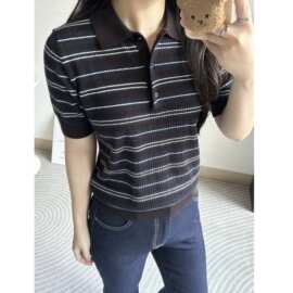 女装镂空条纹纯棉短袖针织POLO衫T恤上衣秋季新款06232630400