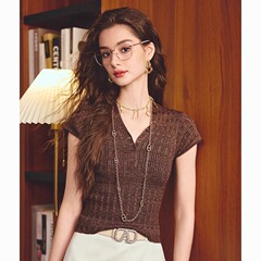 高品質でファッショナブルでクールなシルバーオニオンビーズVネックスモールフライングスリーブスリムセーターTシャツ女性用
