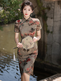 Red eyes 2023 Spring and Autumn New hualuo cheongsam dress three-quarter sleeve mid-length improved cheongsam