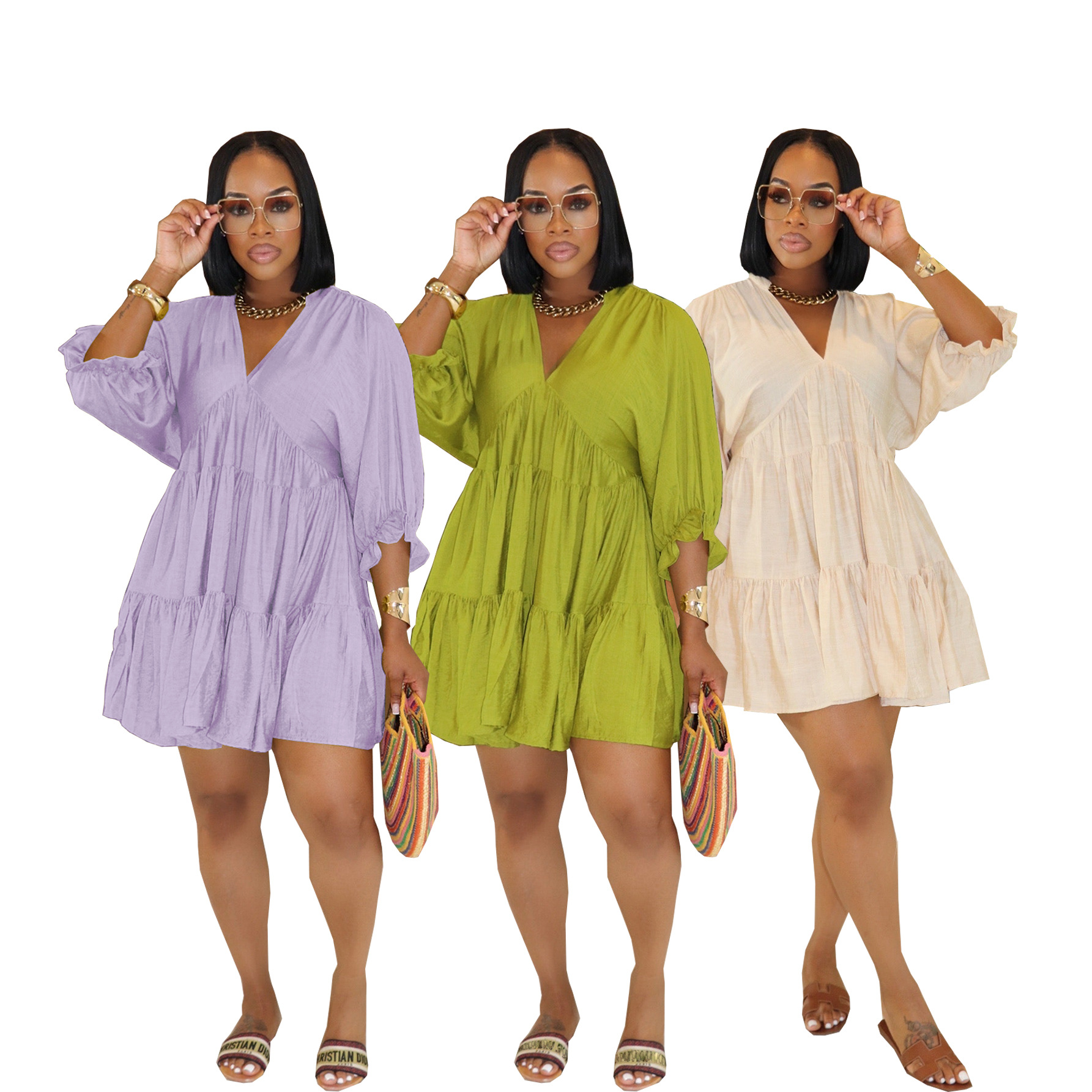 Tw748 European and American Fashion Cross-Border Women's Pure Color Casual V Neck Loose Waist Three-Quarter Sleeves Large Hem Pleated Dress Short