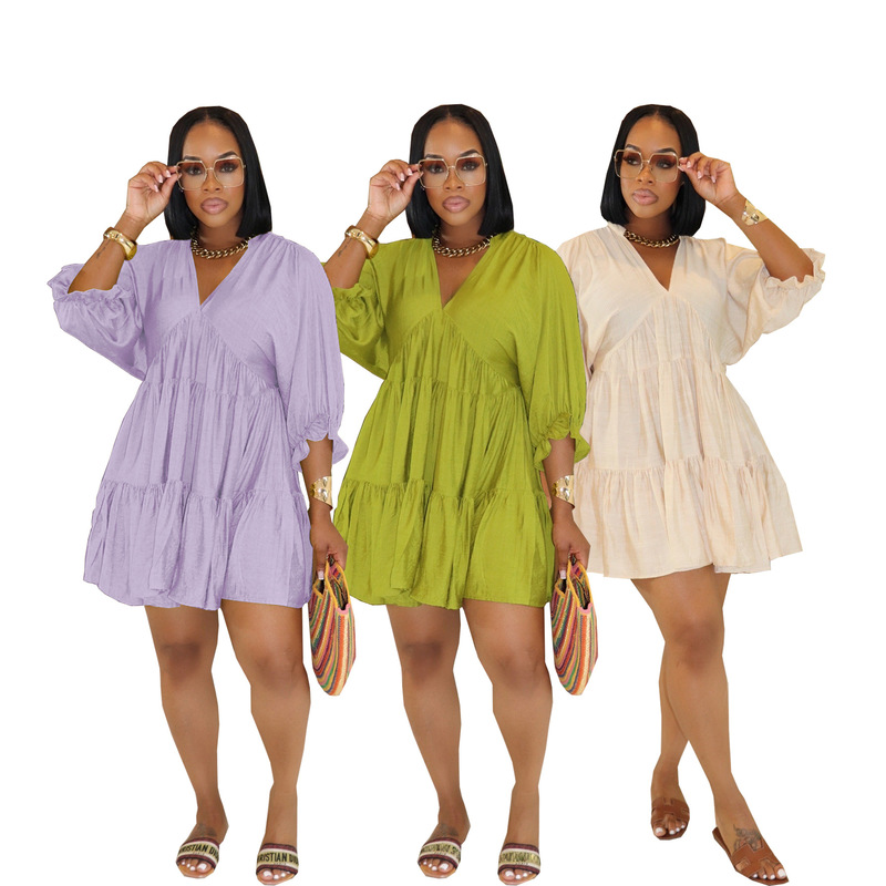Tw748 European and American Fashion Cross-Border Women's Pure Color Casual V Neck Loose Waist Three-Quarter Sleeves Large Hem Pleated Dress Short Tw748 European and American Fashion Cross-Border Women's Pure Color Casual V Neck Loose Waist Three-Quarter Sleeves Large Hem Pleated Dress Short