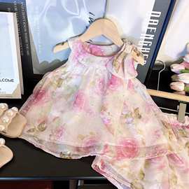 童装批发女童套装夏季25新款儿童粉色玫瑰花无袖上衣加短裤两件套