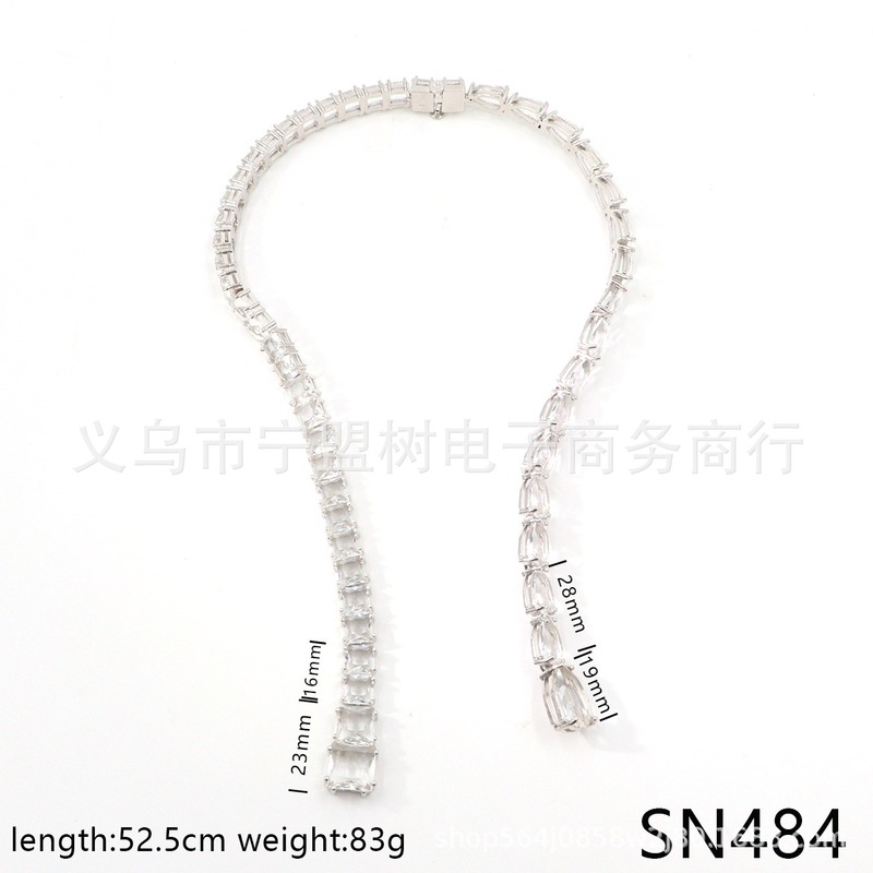 【新品】白色水晶方钻梭形钻拼接设计手链耳环项链时尚首饰套装女|undefined