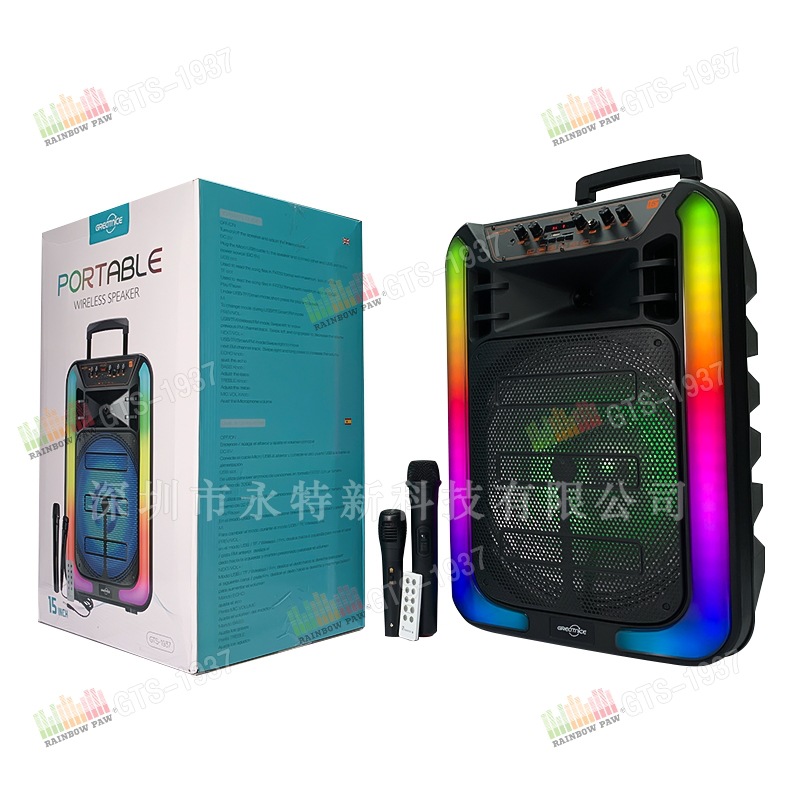 Altavoz Bluetooth 15”, GTS-1937, RGB, doble micrófono, ruedas, exterior, venta al por mayor