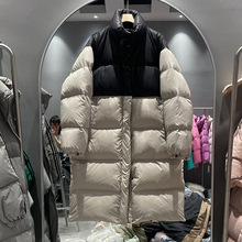 撞色羽绒服女中长款2025秋冬新款韩版宽松加厚立领白鸭绒外套潮