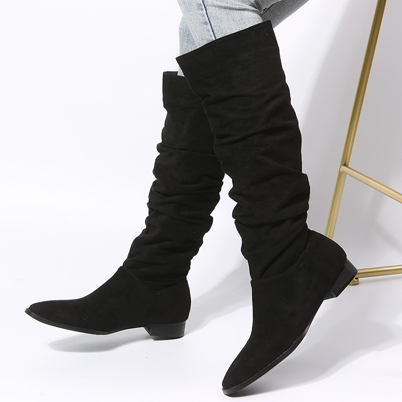 Damenschuhe Große Größe Mittellange Damen Lederstiefel Herbst und Winter Neue flache Sohle Spitzschuh Mode_voghion.com