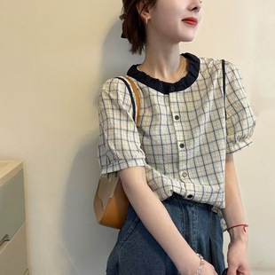 2025 New Summer Fashion Doll Collar Plaid Contrast Short-Sleeved Shirt Women's Puff Sleeve Style Top