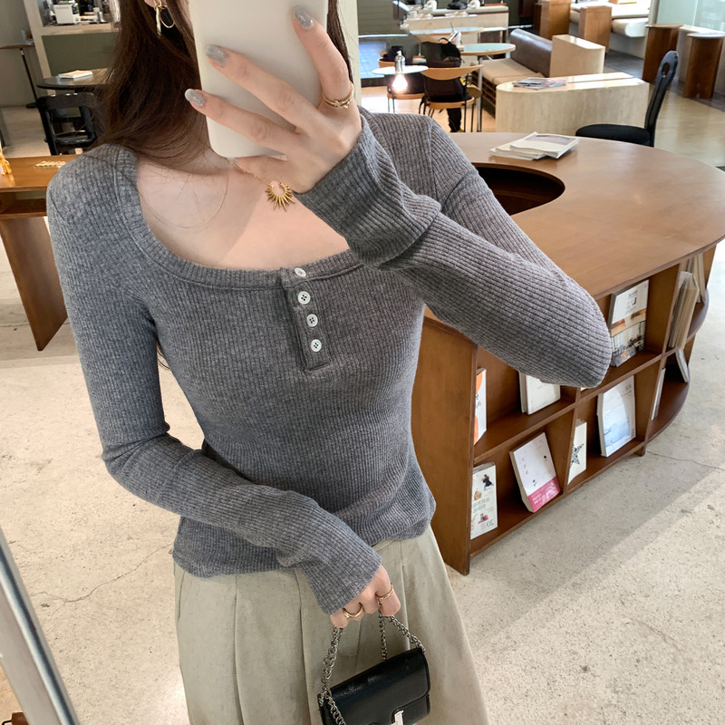 韩版轻熟灰色荡领长袖t恤女早秋2025新款内搭打底单穿打底衫上衣|undefined