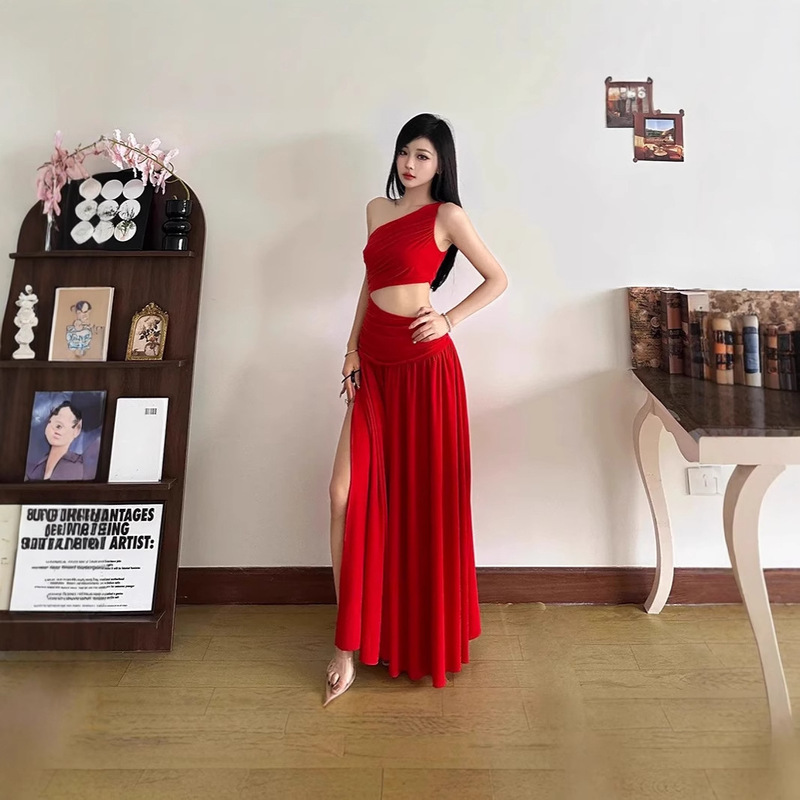 [Original quality] French white sleeveless slanted shoulder dress women's summer design long skirt holiday style skirt