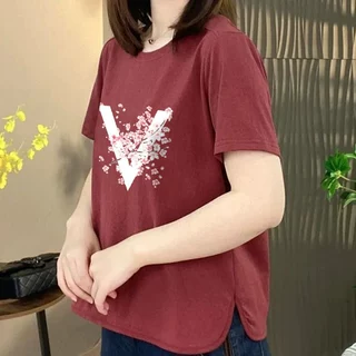 轻奢高端货~时尚休闲风印花短袖t恤女圆领宽松显瘦百搭妈妈装上衣