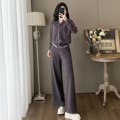 休闲运动套装女春秋欧货时尚高级感针织毛衣卫衣阔腿裤两件套显瘦