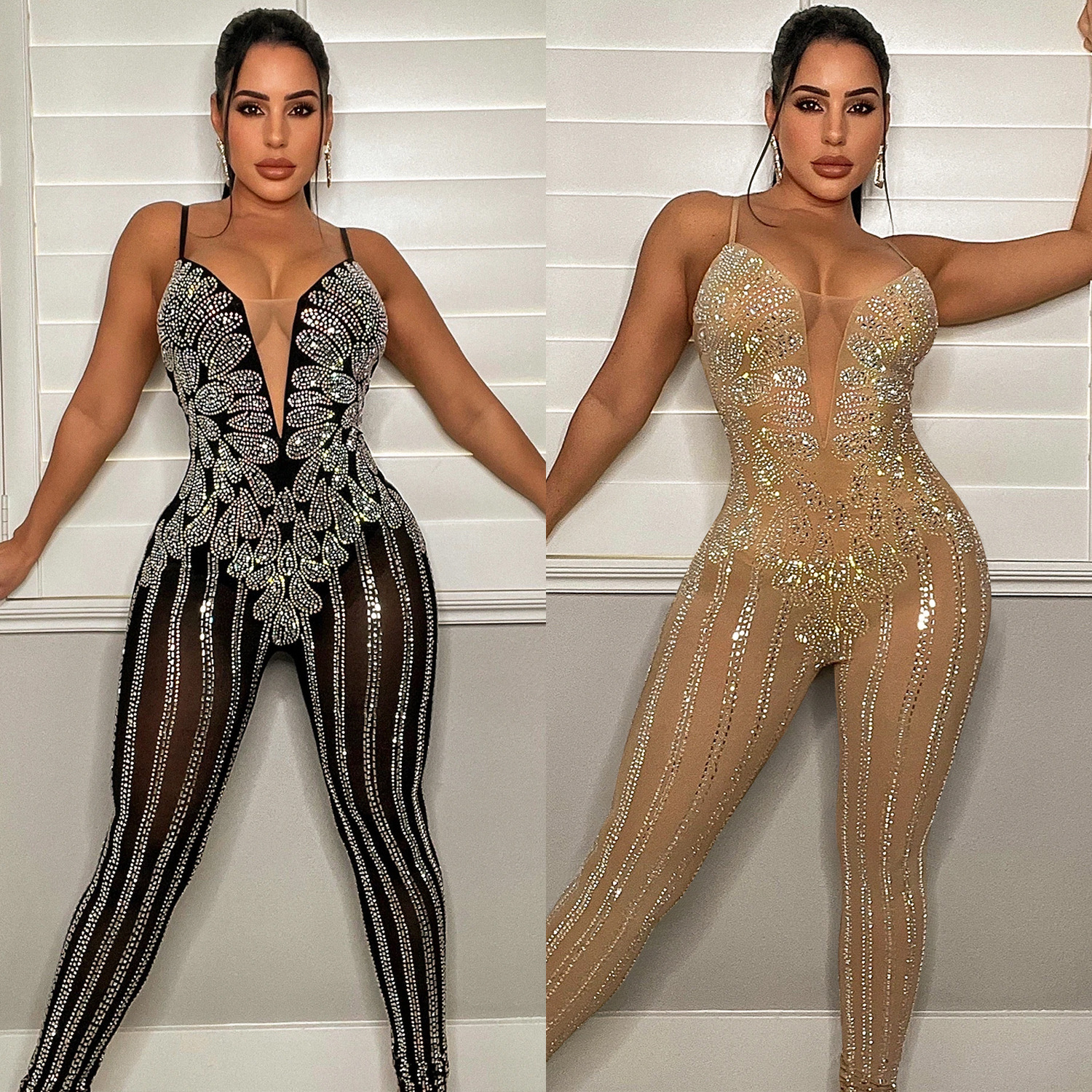 C5866 transfronteriza europea y americana AliExpress Amazon moda discoteca malla rhinestone perspectiva Sling mono ropa de mujer