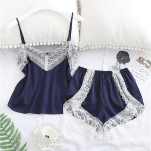 Ice Silk Pajamas Lace Suspender Shorts Two-Piece Set Women's Large Size Sexy Intimates Silk Home Wear Pink