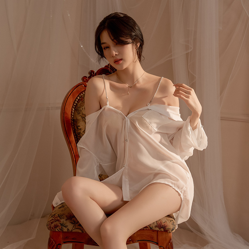 Sexy lencería sexy gasa de las mujeres camisa blanca extrema tentación uniforme camisón ver a través de pijamas entrega de una pieza gratis