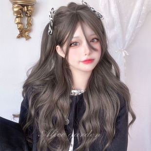 Wig women's long curly hair jk Internet celebrity mid-length bangs realistic scalp cute lolita natural oblique bangs full head cover