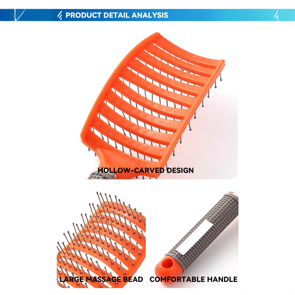 Costillas de pelo lisas transfronterizas, peine de curva grande, crin de jabalí, aguja de nailon, mango de goma, cepillo de masaje de punto de fábrica