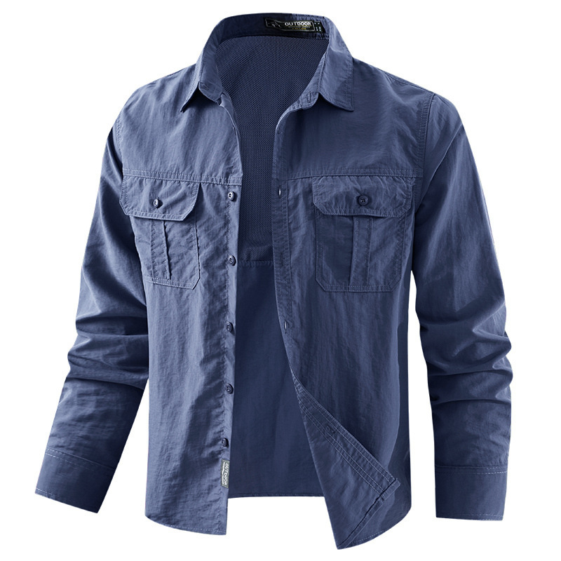 26 European and American Cross-Border Men's Functional Long-Sleeve Shirt with Back Opening, Men's Work Shirt, Summer Military Style with Turn-Down Collar 26 European and American Cross-Border Men's Functional Long-Sleeve Shirt with Back Opening, Men's Work Shirt, Summer Military Style with Turn-Down Collar