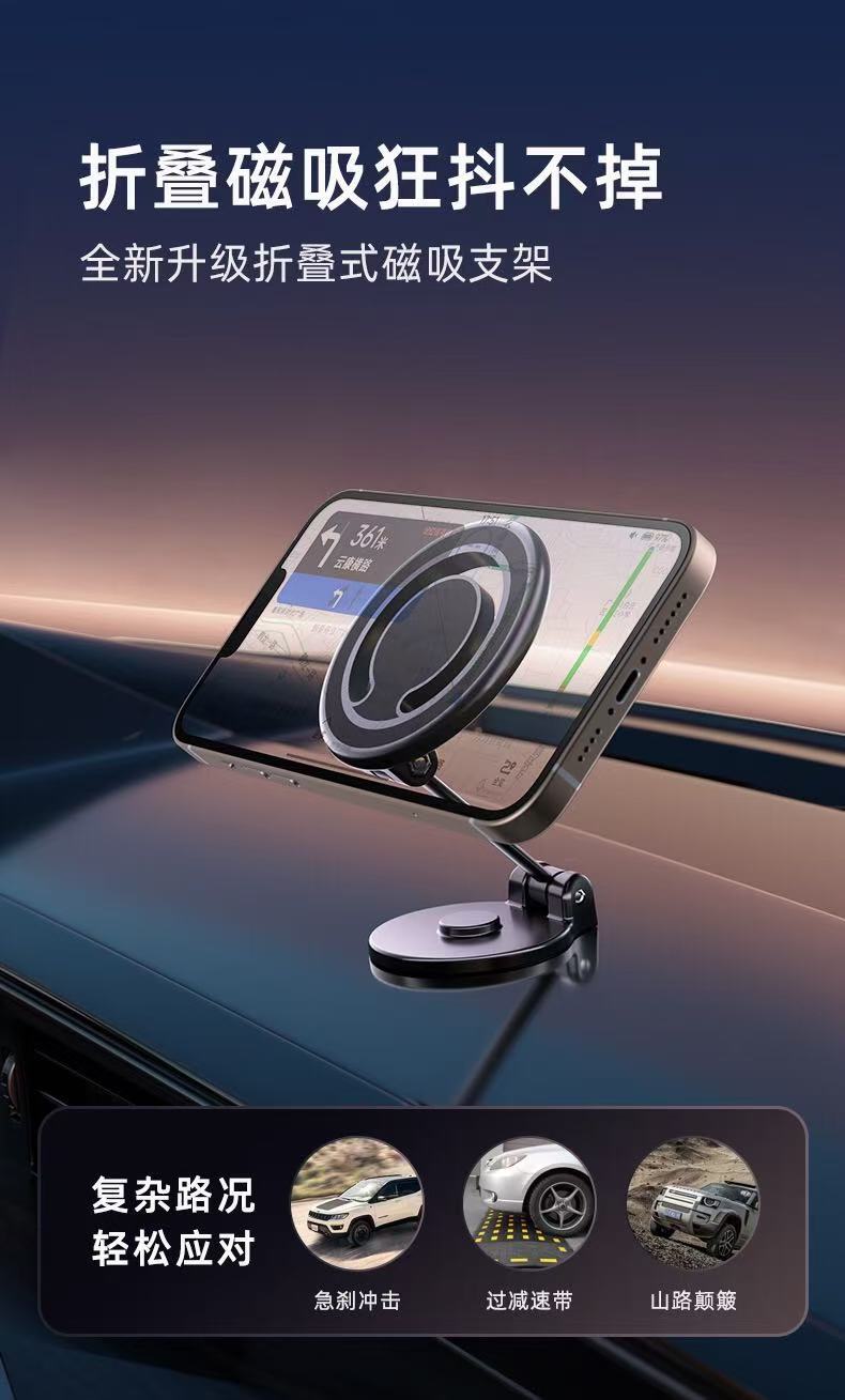 Cross-Border Magnetic Car-Mounted Foldable Phone Holder with 360-Degree Rotation, Adhesive Dashboard Navigation Stand, Portable