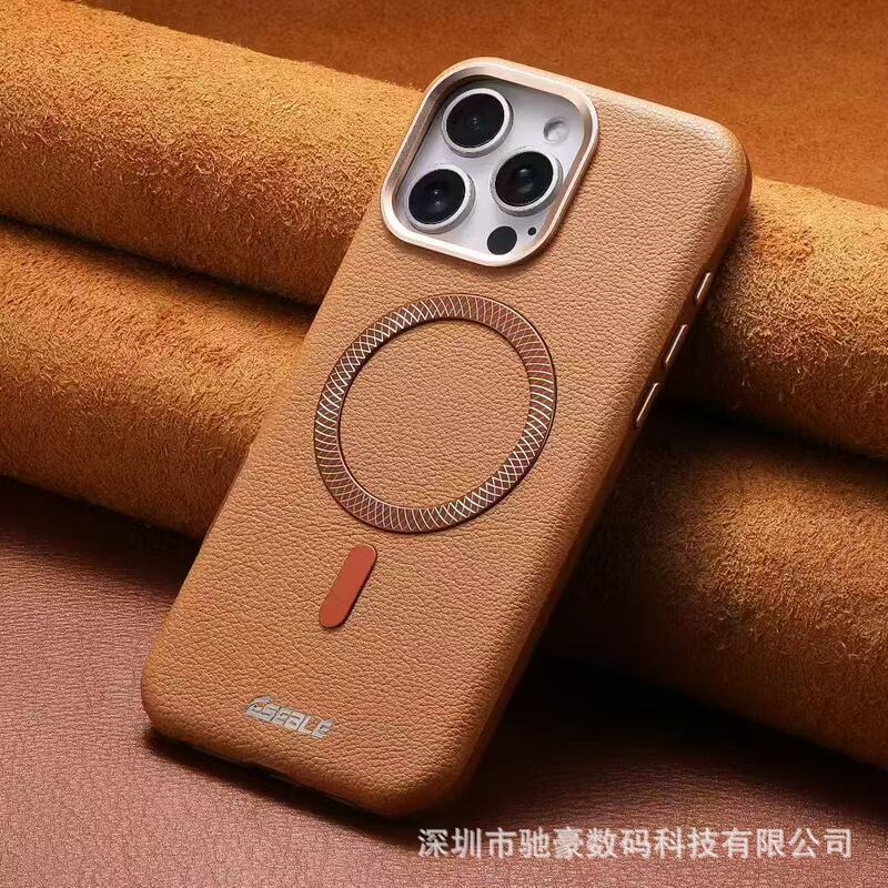 适用iPhone17promax三角盾磁吸手机壳苹果16商务全包防摔皮革套15|undefined