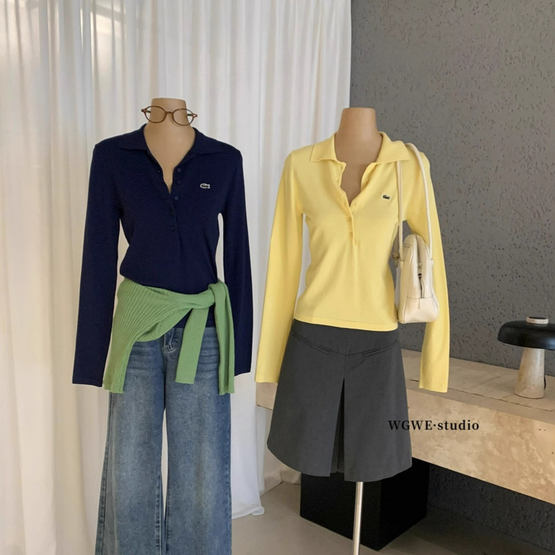 Wgwe8244 Little Crocodile Right Shoulder Lapel Knitwear Pure Color High-End Slim Slimming Look Polo Collar Knitwear for Women