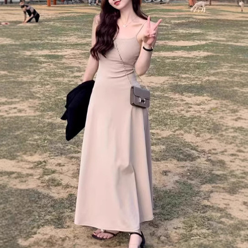 Ins sexy pure desire tea party French strap dress summer slimming vacation beach strap long dress for women trendy