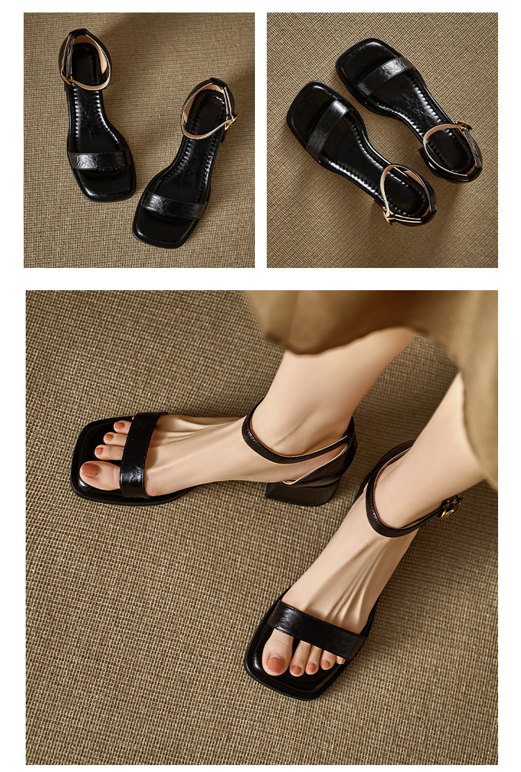 Sandal quai ngang nữ gót thô da thật kiểu Pháp, đế mềm hở ngón — Màu đen, Màu trắng be chi tiết 14