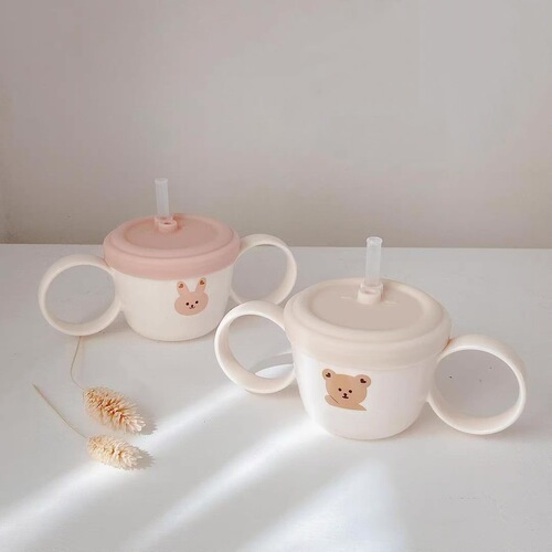 ins Korean style baby food binaural bowl, multi-functional binaural bowl with straw, anti-spill and leak-proof snack cup with lid