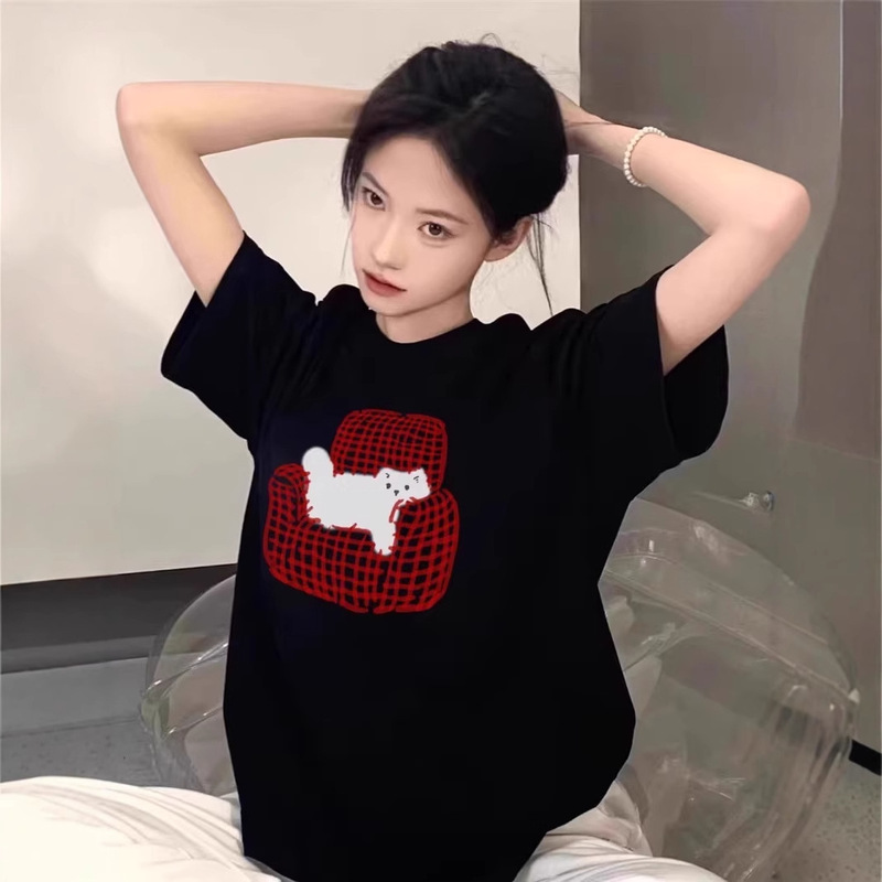 300 Jin Cotton Short-sleeved T-shirt Women's 2025 New Summer Shoulder Design Sense American High Street Loose Half-sleeved Top 300 Jin Cotton Short-sleeved T-shirt Women's 2025 New Summer Shoulder Design Sense American High Street Loose Half-sleeved Top