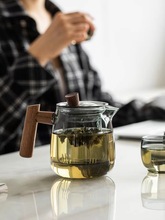 家用茶水分离泡茶壶花茶壶烟榭壶木把高硼硅玻璃带过滤内胆煮茶器