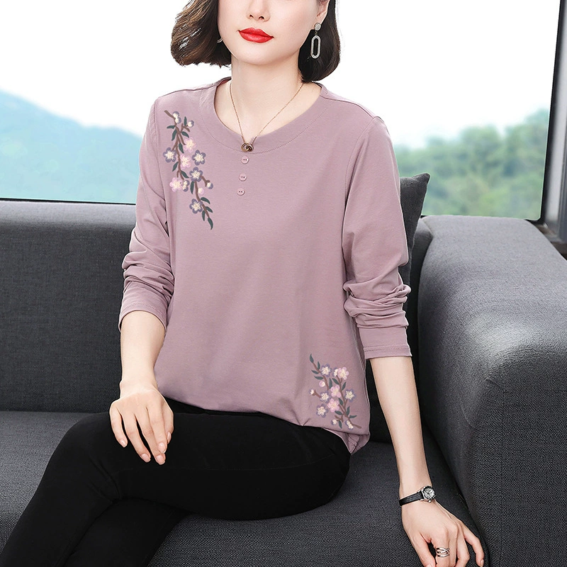 Топ для мамы больших размеров, Повседневная Свободная Милая нижняя рубашка, весна и осень, новый пуловер с длинными рукавами и круглым вырезом, футболка для женщин