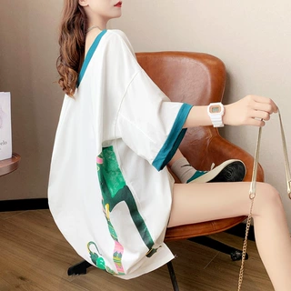 中长款T恤女2026新款设计感小众宽松V领印花短袖T恤女大码女装潮