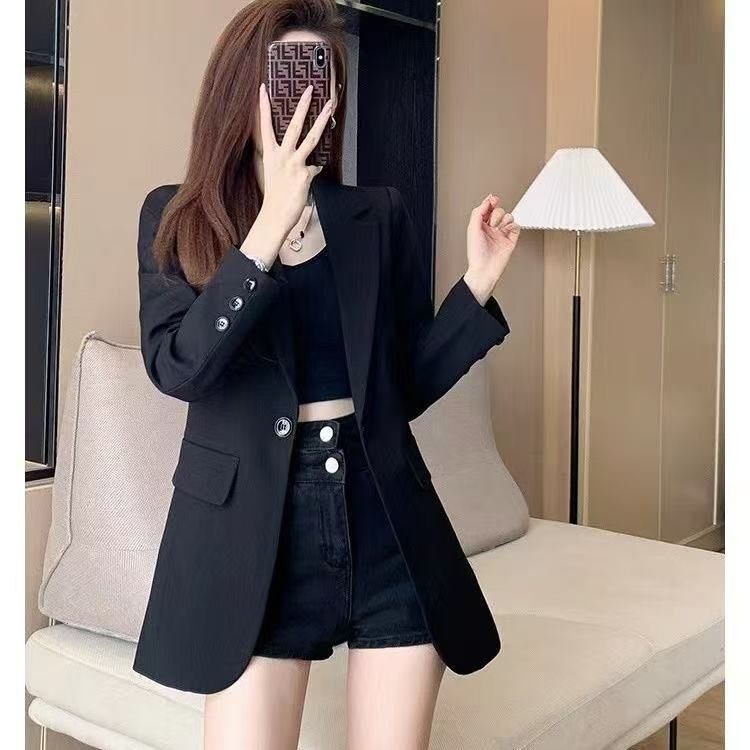 高级感黑色西装外套女设计感上衣2025春秋新款气质收腰中长款上衣|undefined