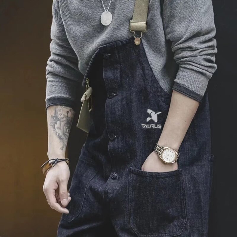 Cross-border Amazon Japanese Denim Strap Men's Youth Personalized Loose Straight Non-elastic Jumpsuit