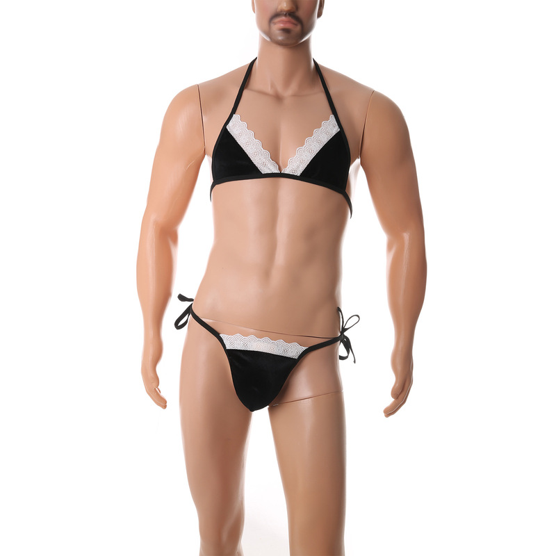 Clever-Menmode European and American Men's Sexy Christmas Bikini Thong Lace Bra Set