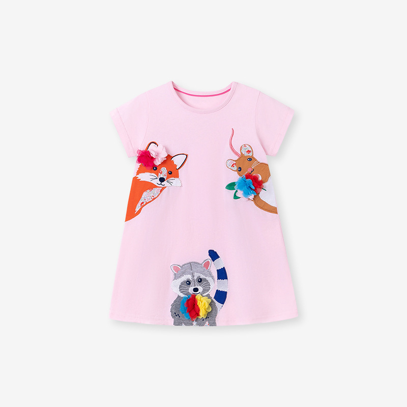 Fábrica fuente vestido de niña al por mayor de verano dibujos animados mangas cortas falda de niños bordado vestido de niños europeos y estadounidenses
